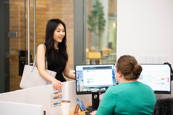 A student speaks with an admin at the Wilson Jones Career Center