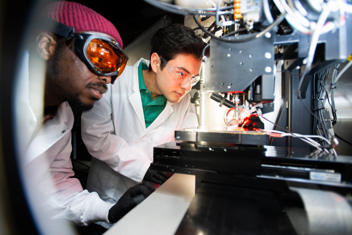 Students in a lab look through a microscope